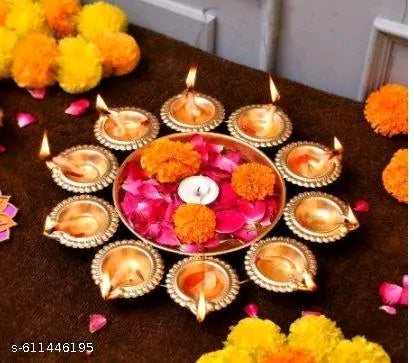 Handcrafted Metal Urli Bowl with 8 Fixed Diyas