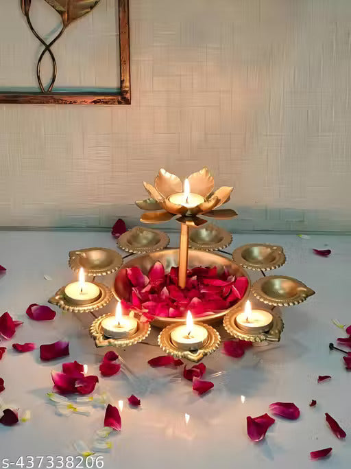 Handcrafted Metal Urli Bowl with 8 Fixed Diyas with a elevated Flower pipe Diya