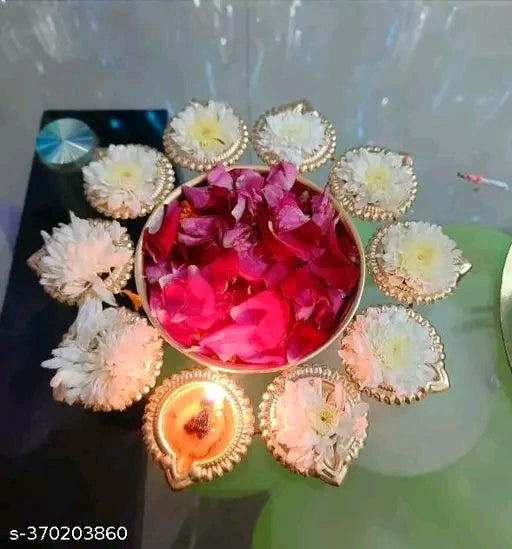 Handcrafted Metal Urli Bowl with 8 Fixed Diyas