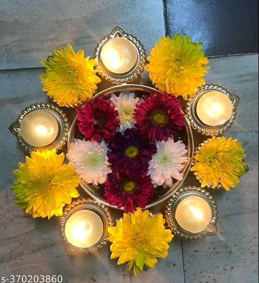Handcrafted Metal Urli Bowl with 8 Fixed Diyas