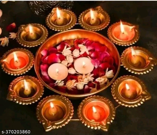 Handcrafted Metal Urli Bowl with 8 Fixed Diyas