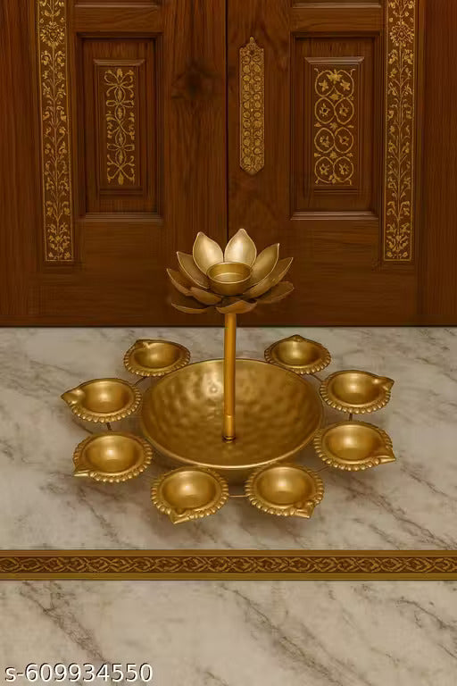 Handcrafted Metal Urli Bowl with 8 Fixed Diyas with a elevated Flower pipe Diya