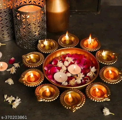 Handcrafted Metal Urli Bowl with 8 Fixed Diyas