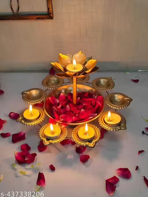 Handcrafted Metal Urli Bowl with 8 Fixed Diyas with a elevated Flower pipe Diya