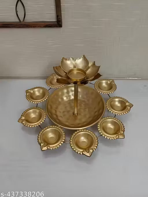 Handcrafted Metal Urli Bowl with 8 Fixed Diyas with a elevated Flower pipe Diya