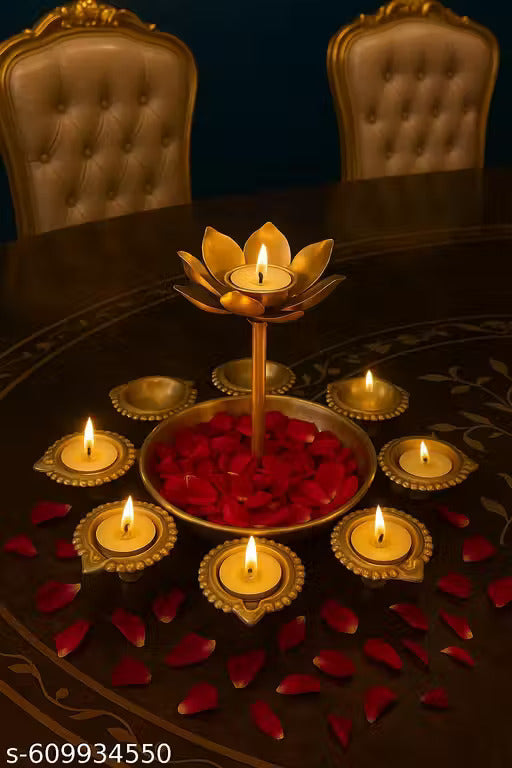 Handcrafted Metal Urli Bowl with 8 Fixed Diyas with a elevated Flower pipe Diya